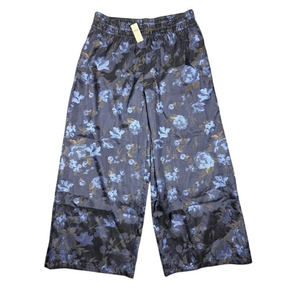 Anthropologie Blue Floral Satin Wide Leg Pants XL Elastic Waist Navy‎ Bronze New